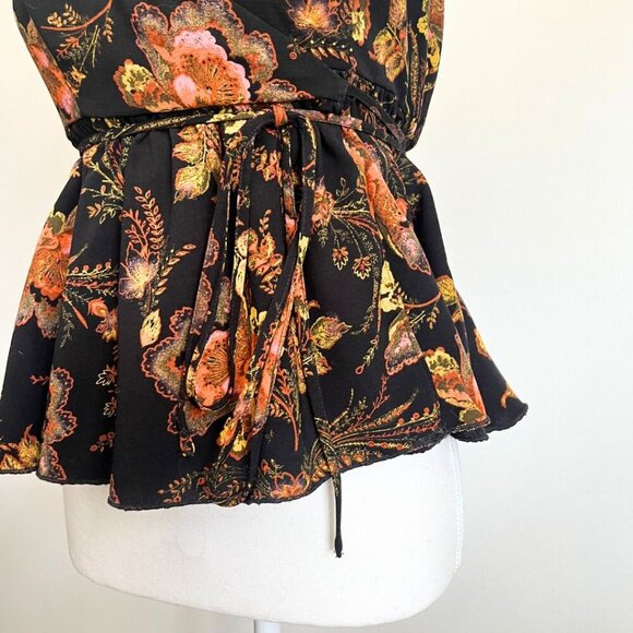 URBAN OUTFITTERS DAKOTA BLACK ORANGE FLORAL RACERBACK WRAP PEPLUM TOP - L - Picture 5 of 10